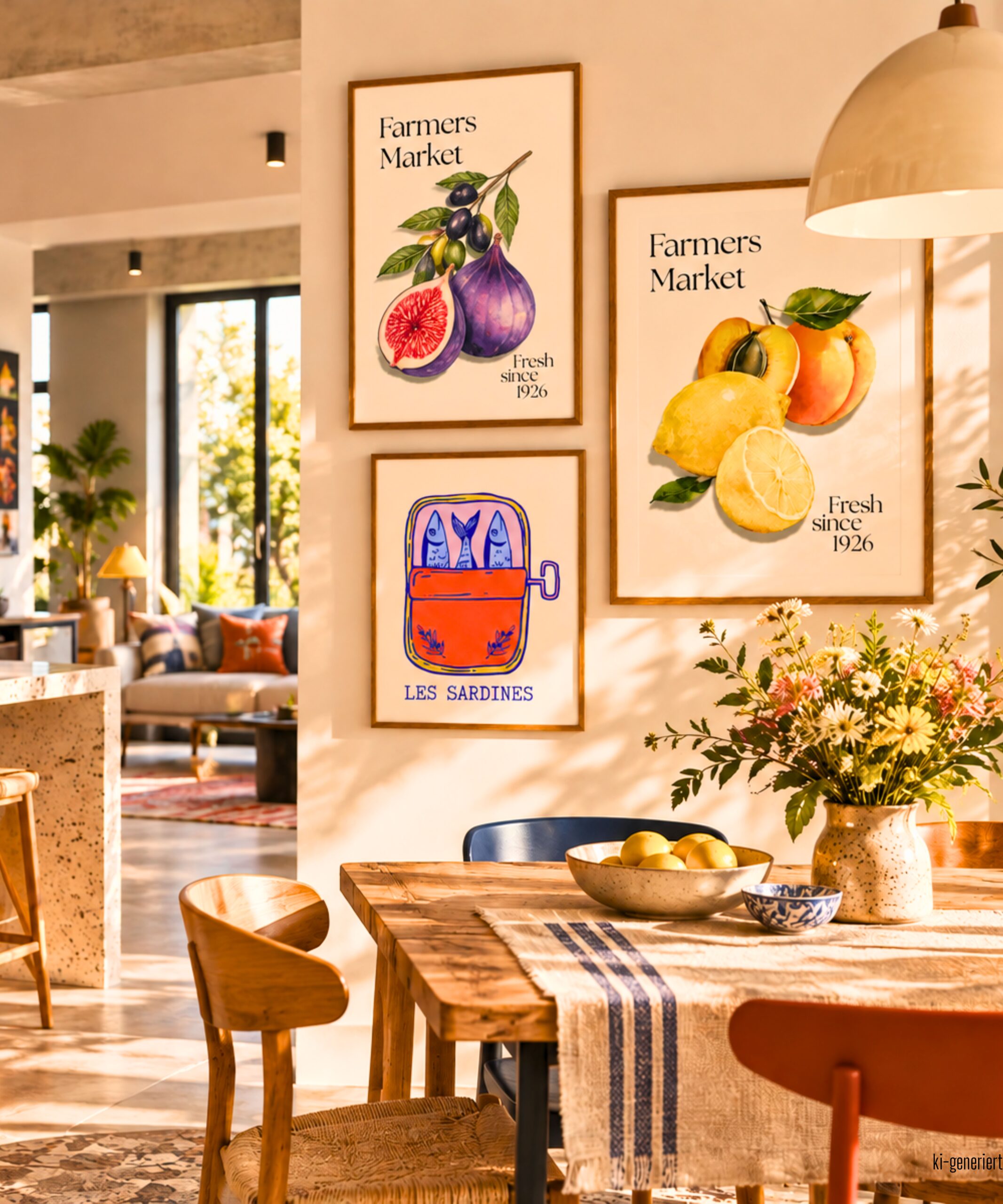 Mediterrane Gallery Wall in offener Wohnküche mit Farmers Market Postern und Sardinenmotiv