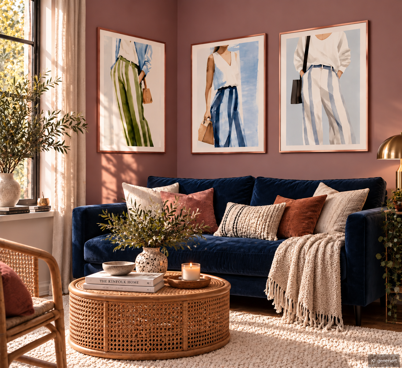 Moderne Gallery Wall mit drei Fashion Illustrationen in Blau, Grün und Weiß über einem Sofa