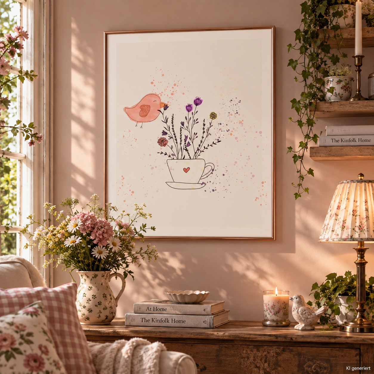 Verspielte Cottagecore Wanddeko mit Vogelmotiv, Blumen und romantischen Wohnaccessoires
