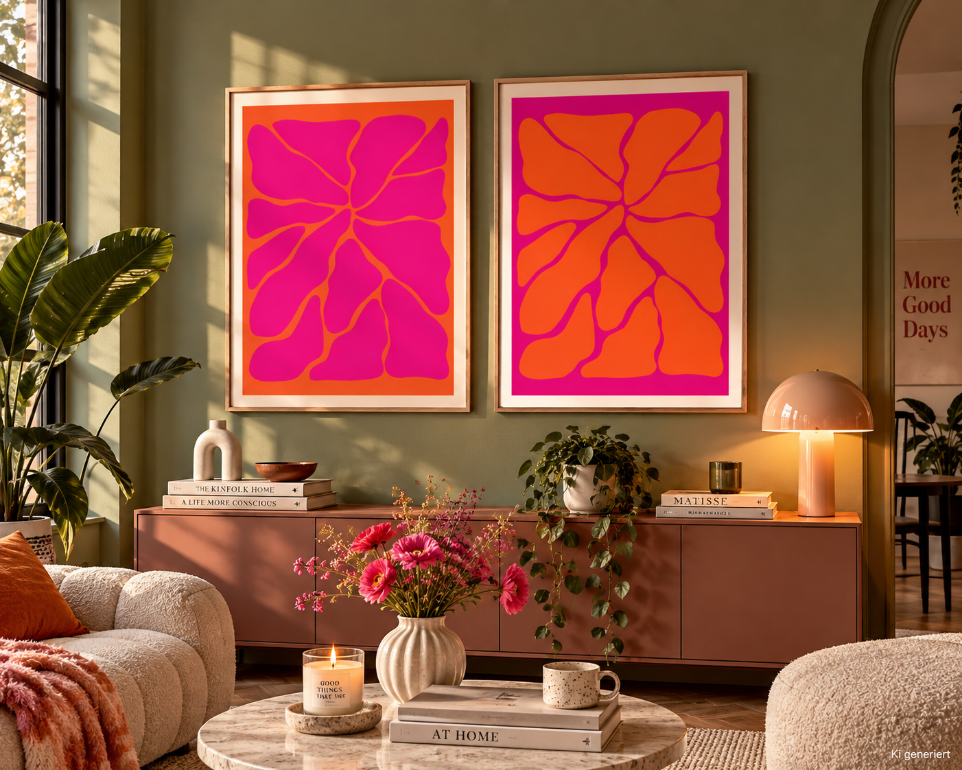 Moderne farbenfrohe Wandgestaltung mit kräftigen Pink-, Orange- und Türkistönen