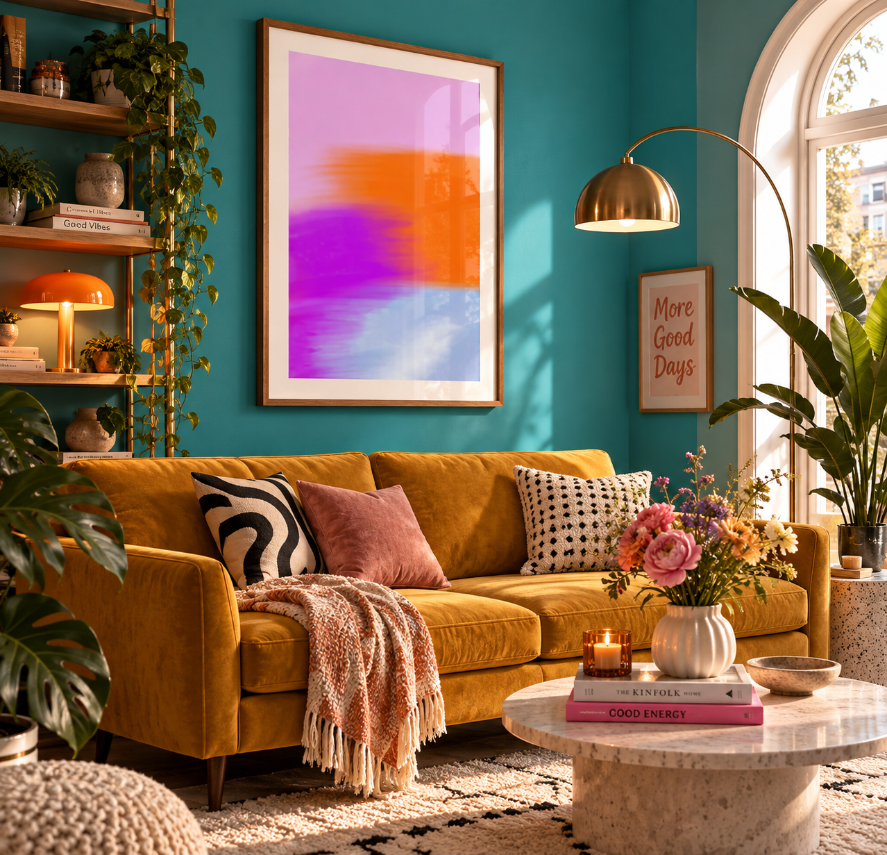Farbenfrohe Gallery Wall mit abstrakter Kunst in Pink und Orange in einem modernen Wohnzimmer