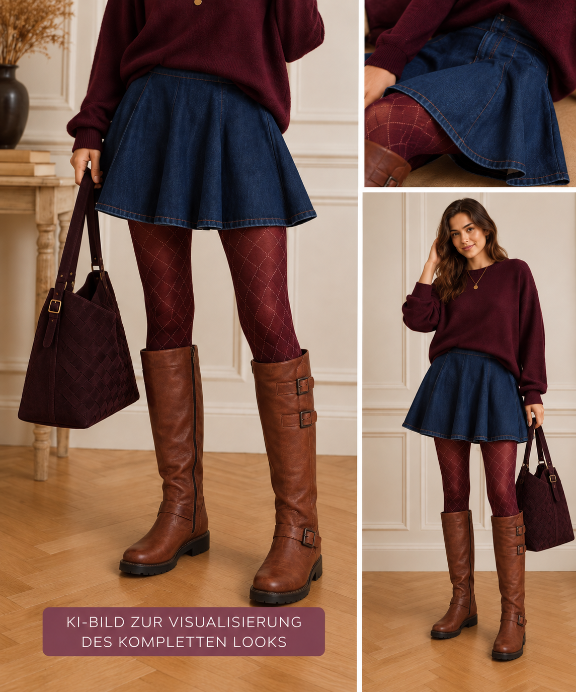 Herbst Outfit 2026 mit burgunderfarbenem Oversize Pullover, Jeansrock, Argyle Strumpfhose und braunen kniehohen Boots