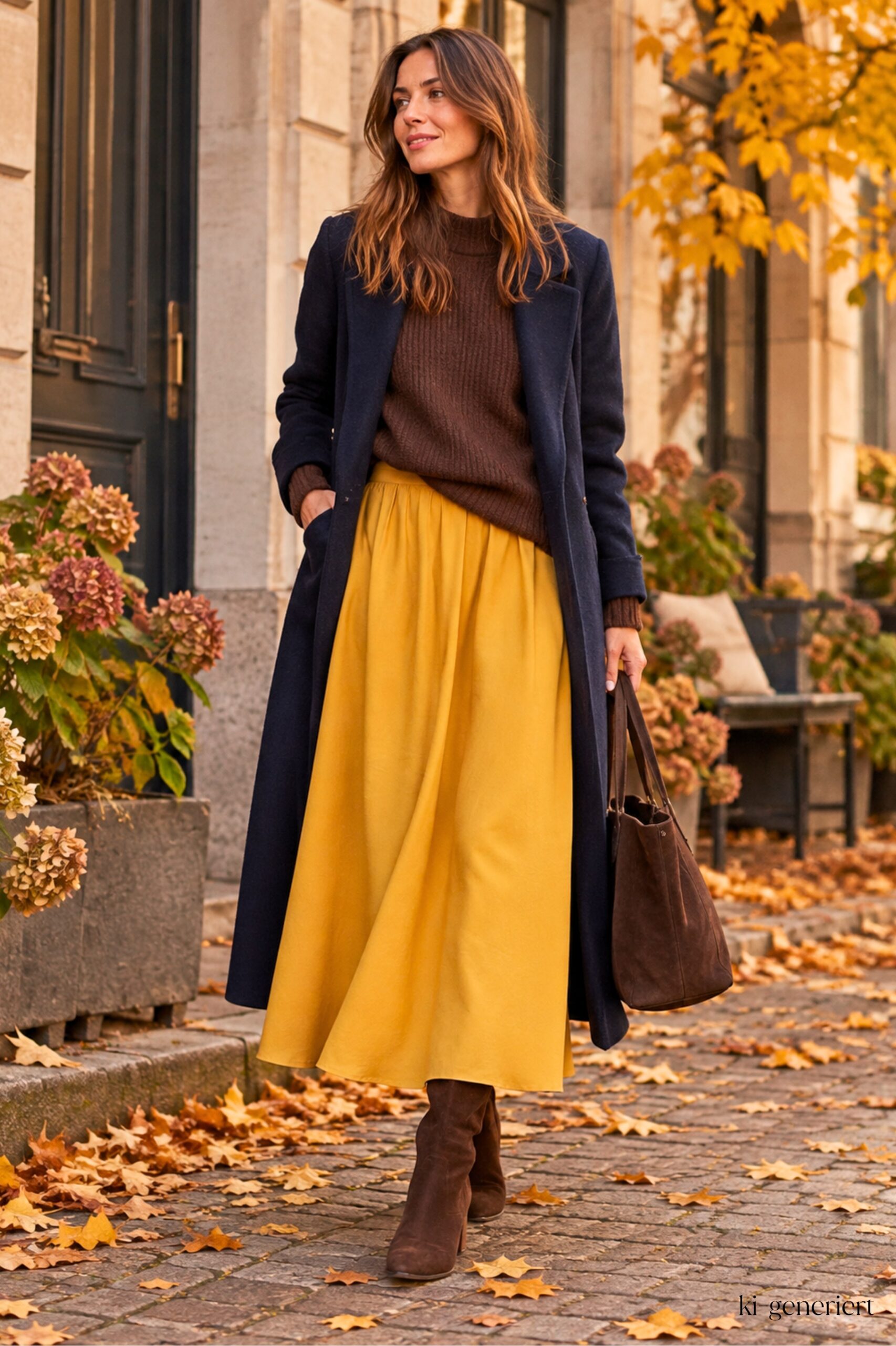 Midirock Outfit für Herbst und Winter mit Strick, Mantel und flachen Schuhen