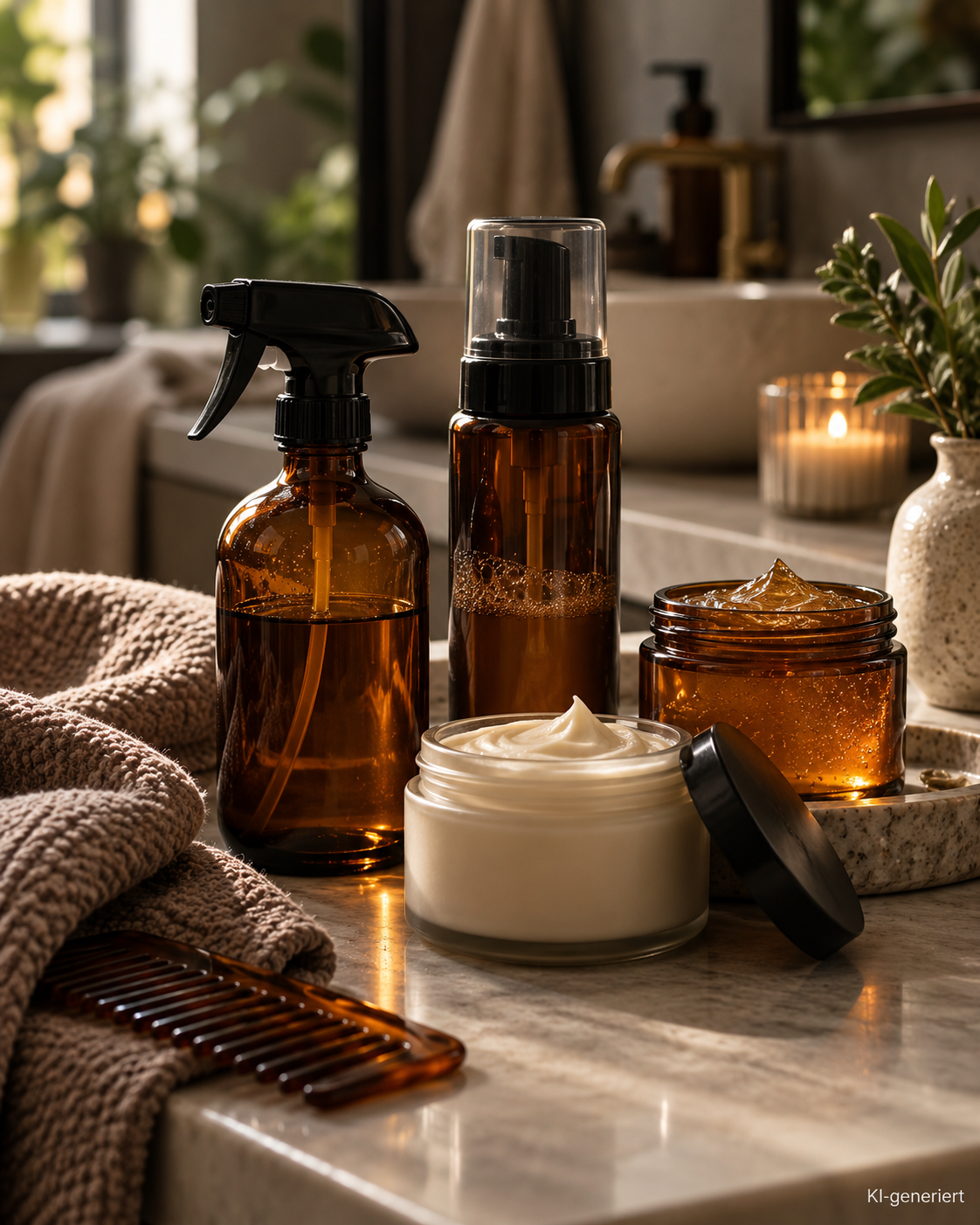 Haarpflege Routine für welliges und lockiges Haar — Sprühflasche und Haarpflegeprodukte als heller Flatlay
