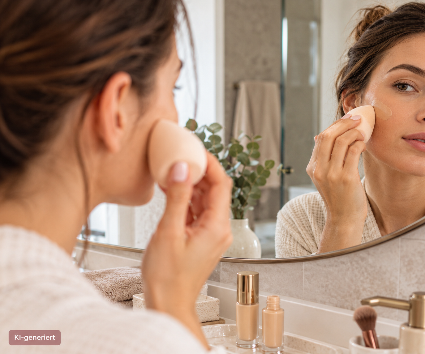 Make-Ups die gut halten – Frau tupft flüssige Foundation mit einem Make-up-Schwämmchen vor dem Spiegel auf