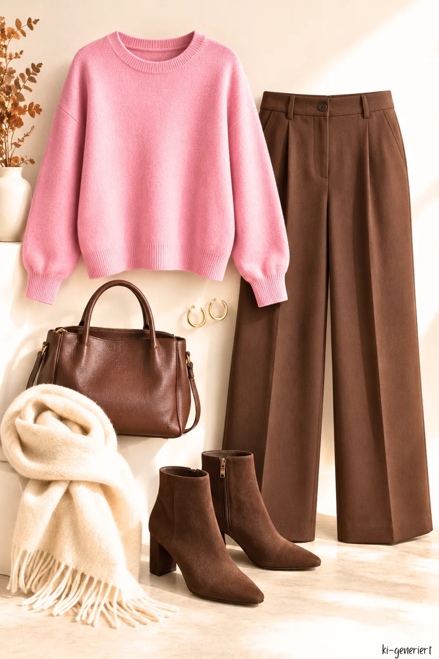 Herbst- und Winteroutfit mit rosafarbenem Strickpullover, schokobrauner Hose und passenden Accessoires